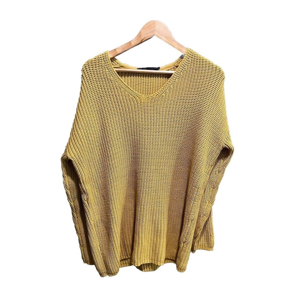 Jenni Kayne Mustard Yellow Cotton Cabin Chunky‎ Knit V-Neck Sweater Size Small